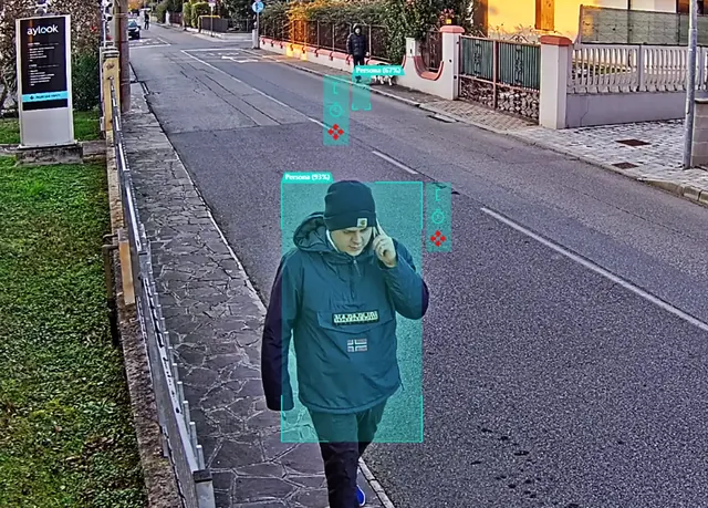 aylook video analysis detecting a person walking along a street, with the detection box and confidence score